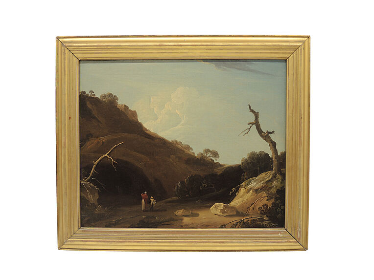 Paysage indien avec personnages devant une grotte