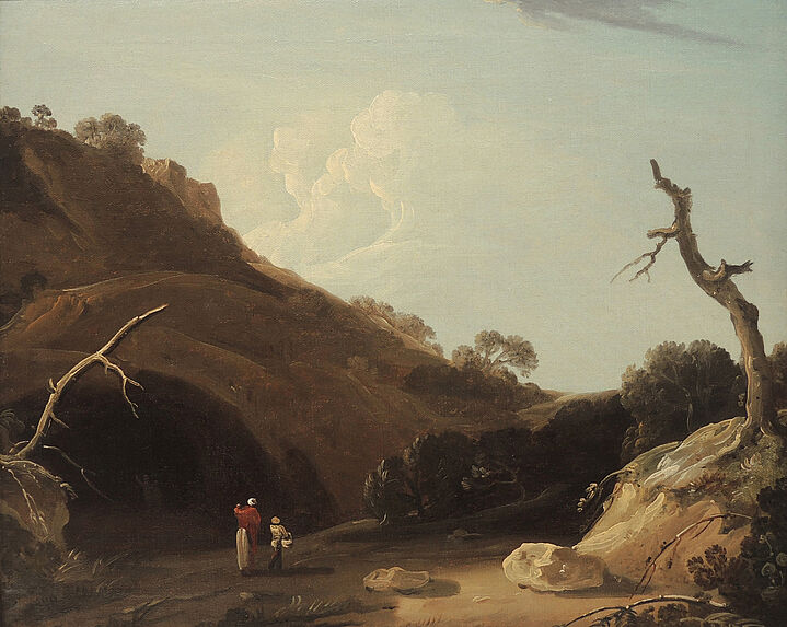 Paysage indien avec personnages devant une grotte
