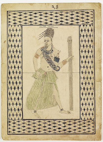 Portrait du roi Gbetnkom. 12e roi des Bamoun Portrait en pied. Au verso: texte manuscrit