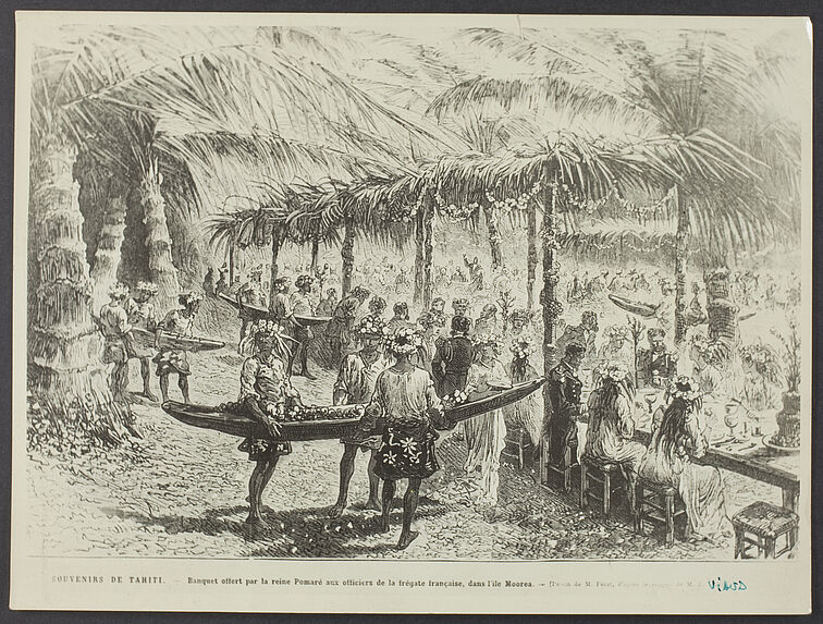 Banquet offert par la reine Pomaré aux officiers de la frégate française, dans l'île de Moorea