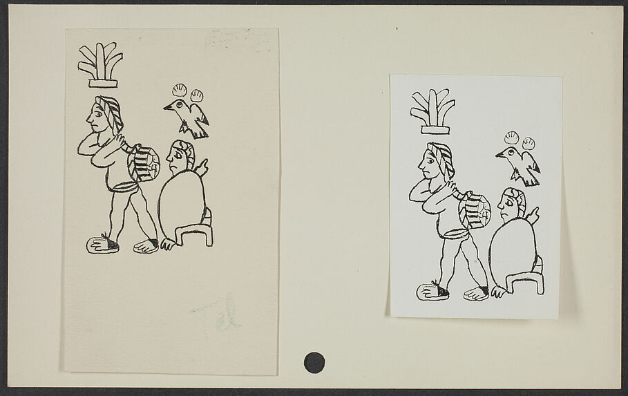 Sans titre [deux dessins représentant deux personnages et un oiseau]