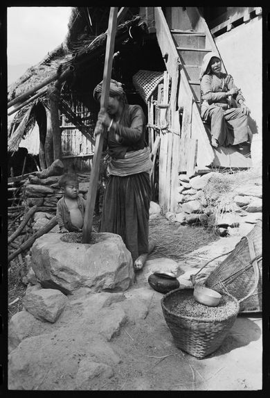 Type limbu, mortier pour broyer les graines de millet, femmes limbu et homme limbu [bande film de six vues concernant des scènes diverses]