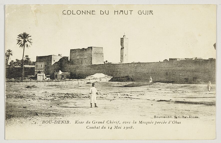 Bou-Denib. Ksar du Grand Chérif, avec la Mosquée percée d'Obus. Combat du 14 Mai 1908