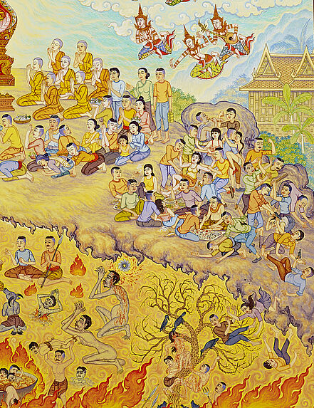 Peinture de temple (phra bot), les Trois Mondes (Traiphum)