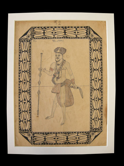 Recto: Portrait du roi Mengap (4e roi des Bamoun)- verso: texte manuscrit à l'encre brune
