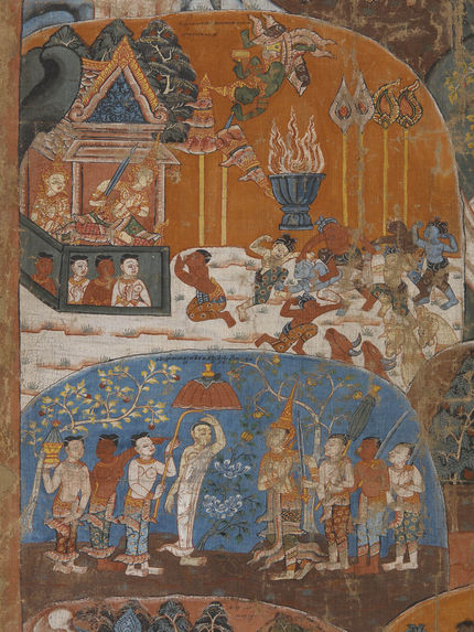 Peinture sur rouleau représentant les dix dernières vies antérieures du Bouddha