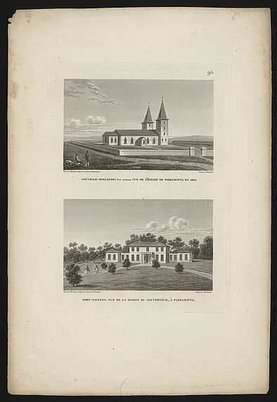 Nouvelle-Hollande : Port-Jackson. Vue de l'Eglise de Paramatta en 1819. Port-Jackson. Vue de la maison du gouverneur, à Parramatta.