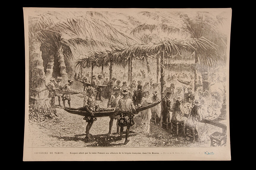 Banquet offert par la reine Pomaré aux officiers de la frégate française, dans l'île de Moorea