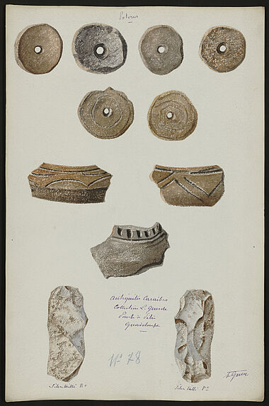 Poteries. Antiquités Caraïbes. Collection L. Guesde. Pointe à Pitre. Guadeloupe. Silex taillé