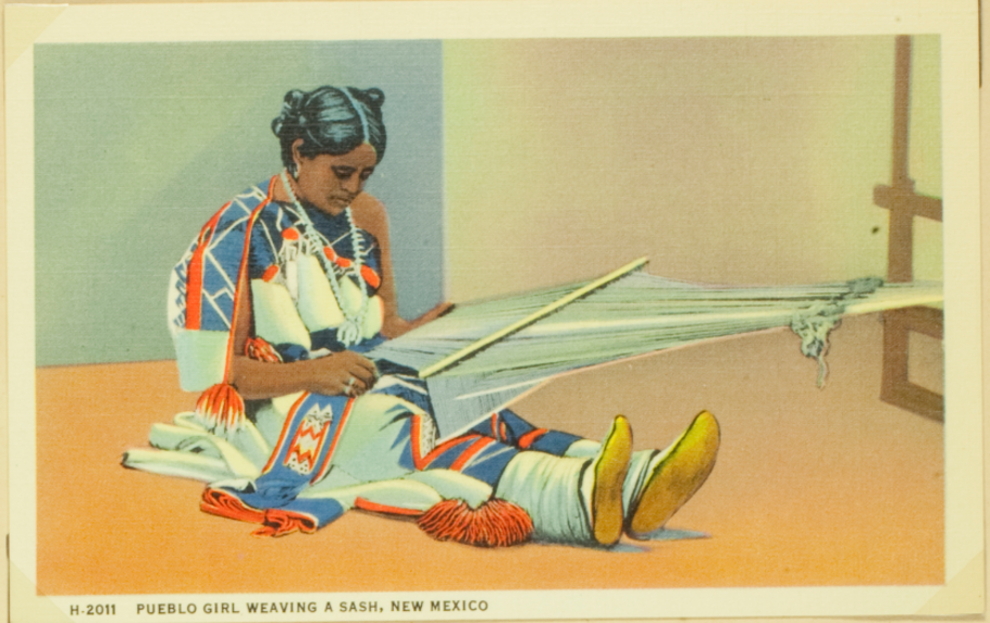 Pueblo girl weaving a sash, New Mexico [Portrait de We'wha]