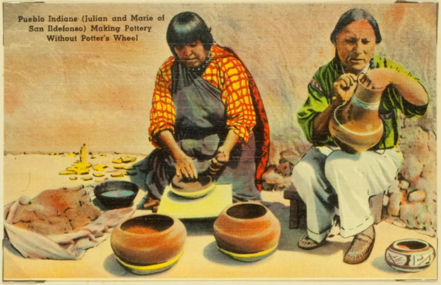 Pueblo Indians (Julian and Marie of San Ildefonso) making pottery without potter's wheel