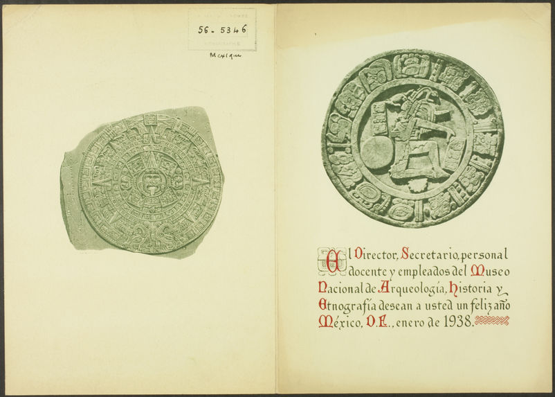 Sans titre [carte de voeux de l'année 1938 du Museo Nacional de Arqueologia, Historia y Etnografia du Mexique]