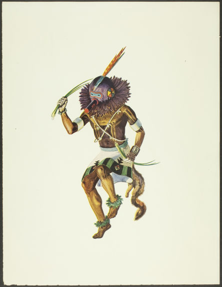 Sans titre [Katsina tihu portant un masque avec plumes orange sur la tête et collier de plumes sombres autour du cou]